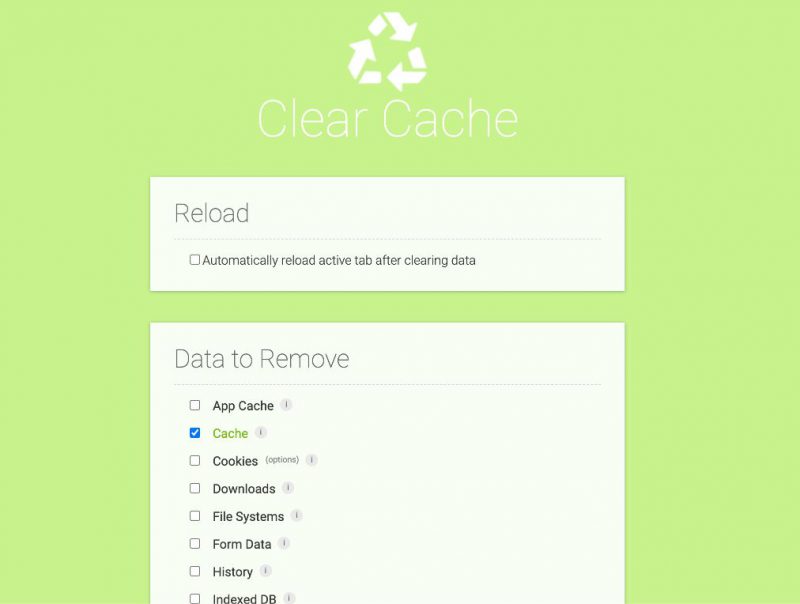 Clear Cache設定画面