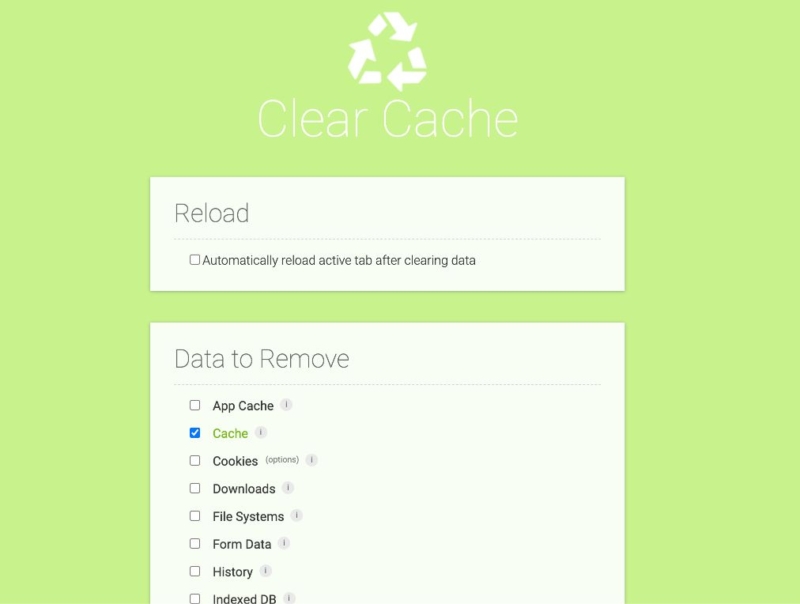 Clear Cache設定画面